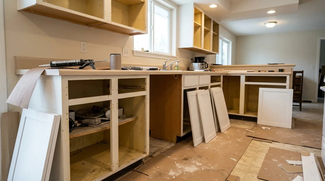 A kitchen mid-reface with every door removed, exposing the original cabinet boxes, next to a roll of veneer and a stack of new doors