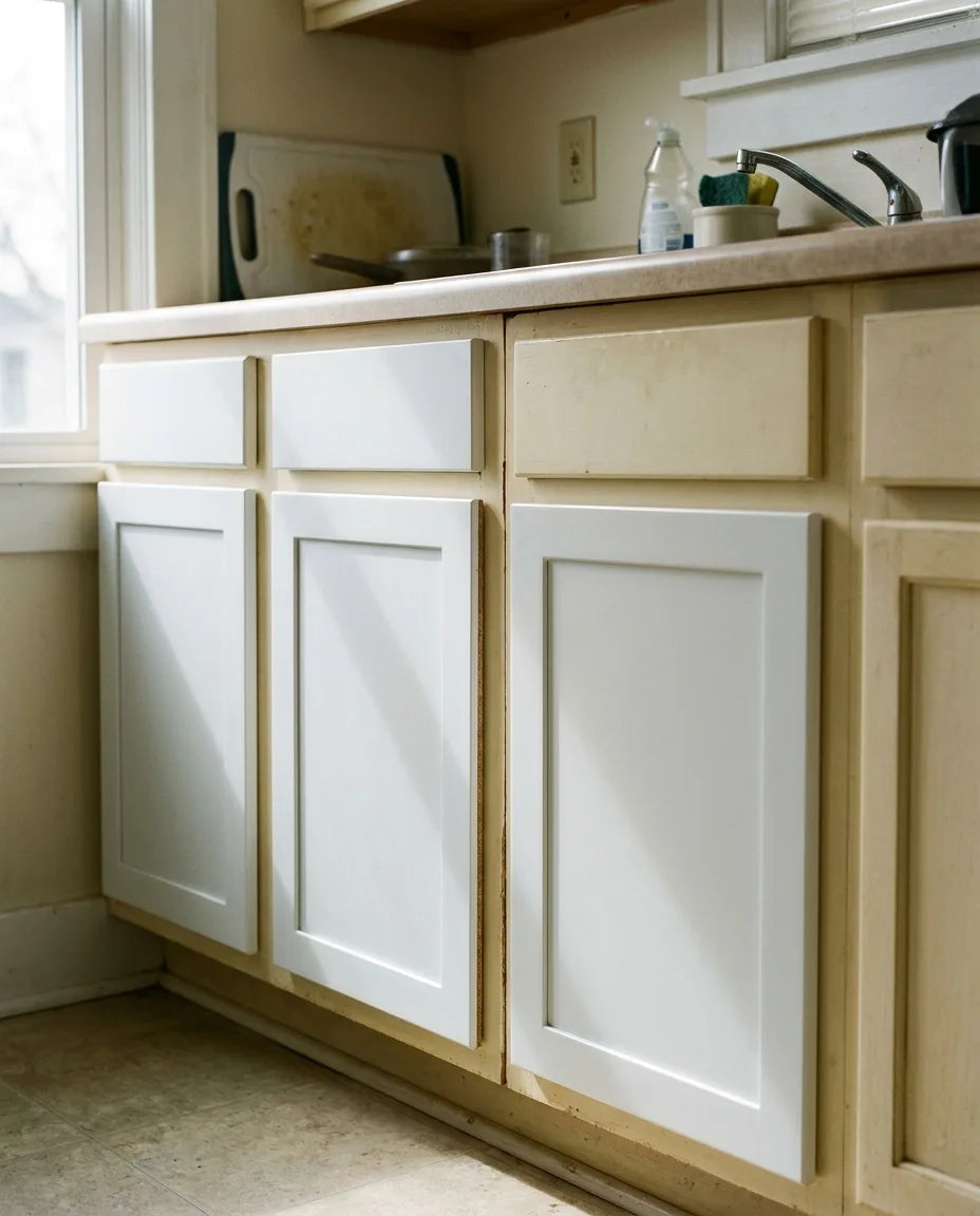Cool white refaced cabinet doors against yellowed cream face frames showing an obvious finish mismatch