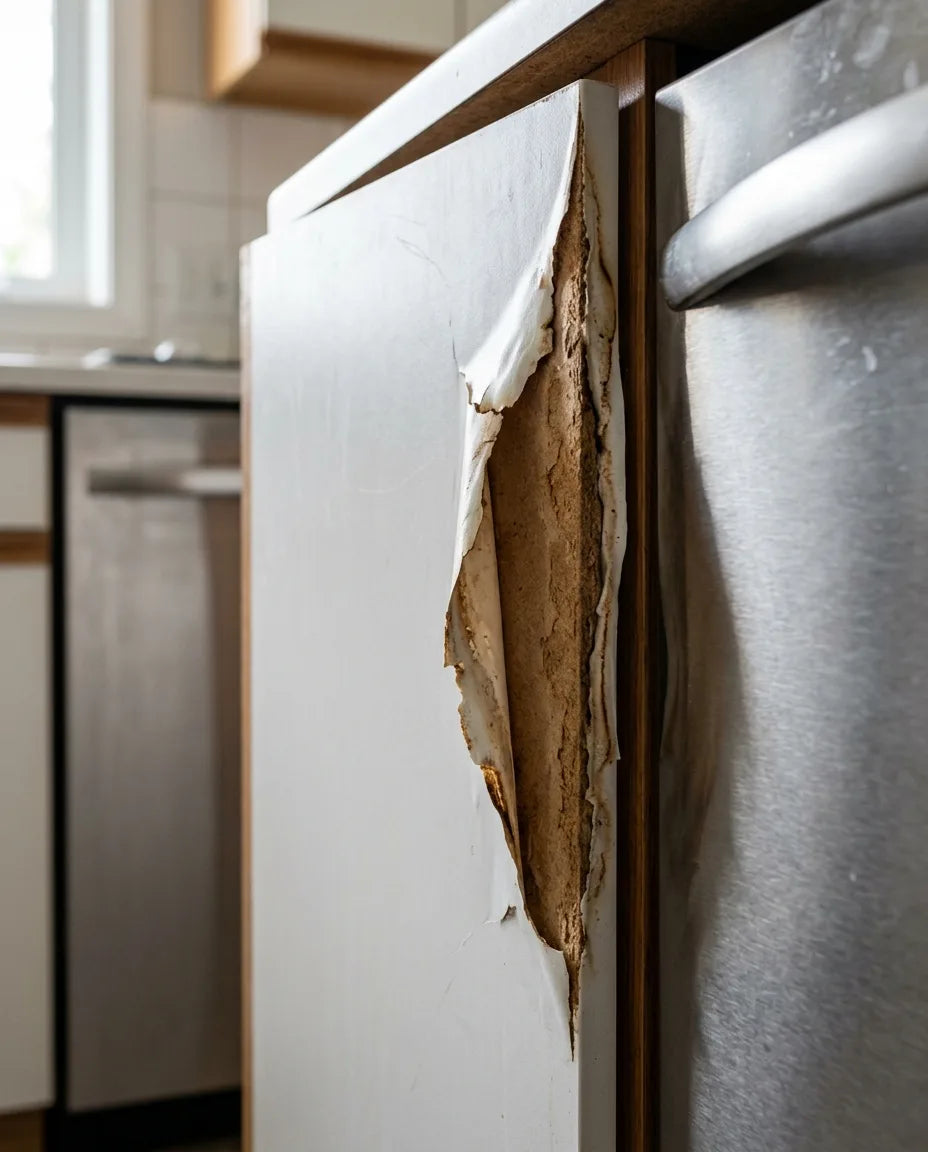 White thermofoil skin lifting off the MDF core of a refaced cabinet door next to a stainless dishwasher