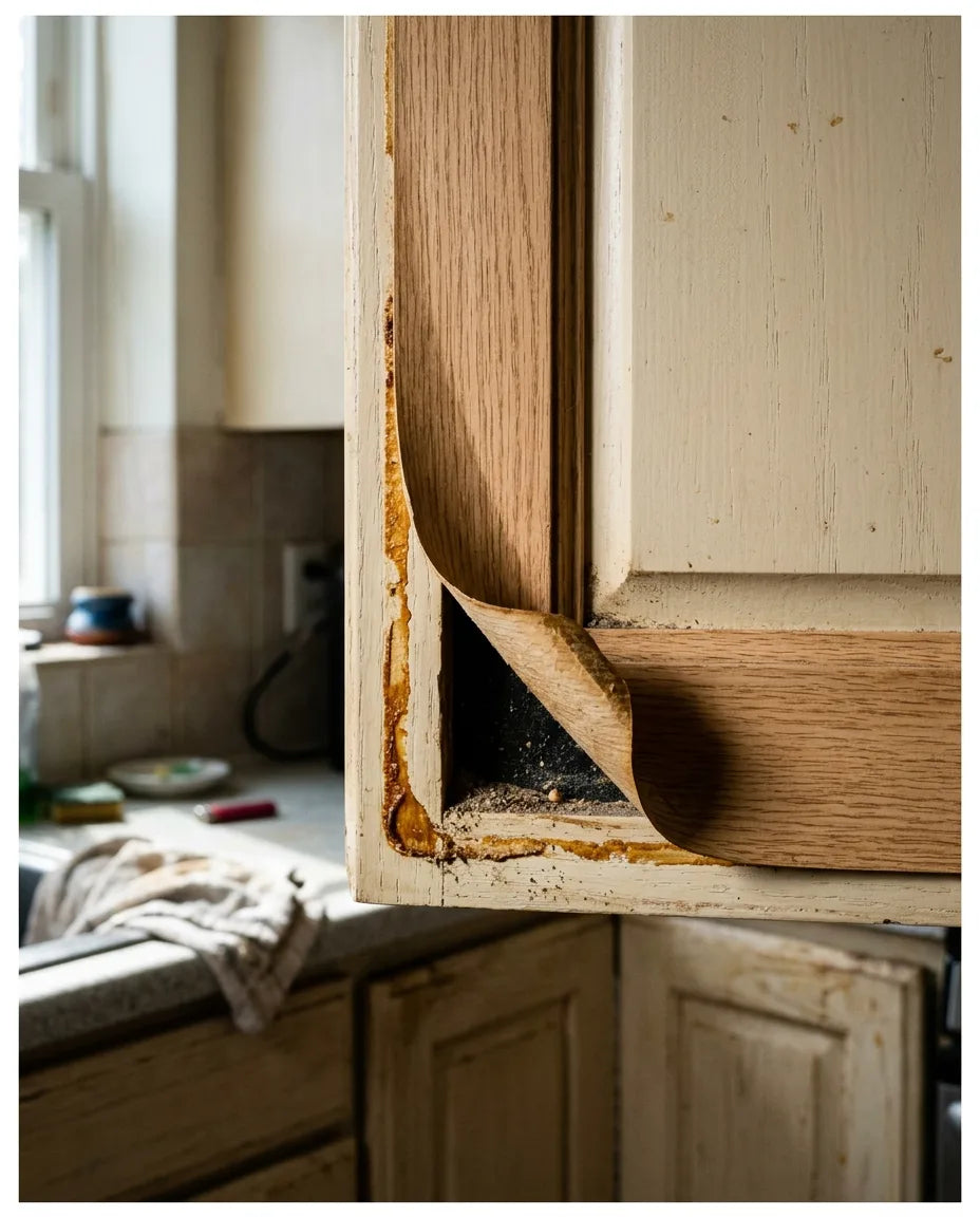 Wood veneer curling away from a refaced cabinet face frame corner, exposing the old painted oak and a dried glue line