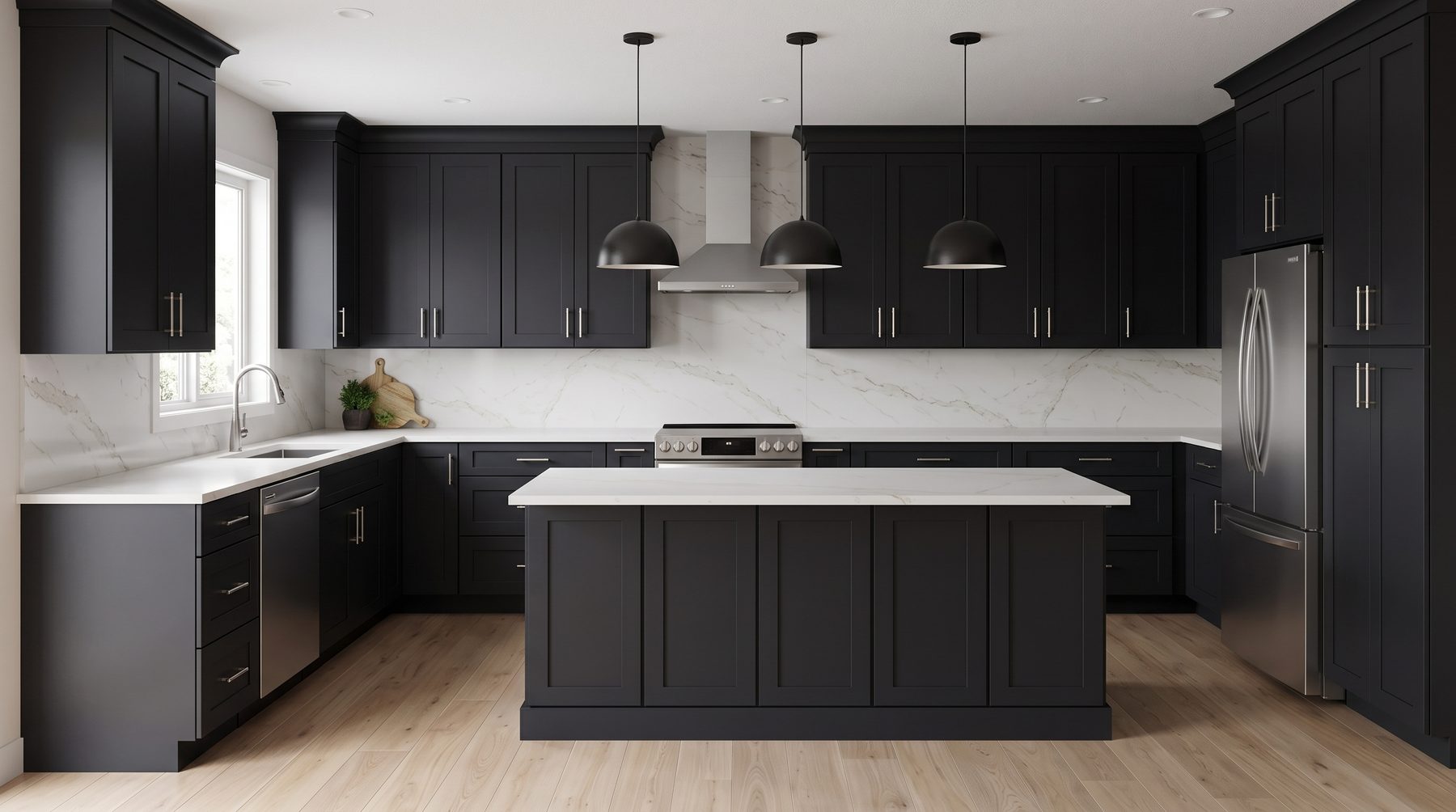 Kitchen with black shaker cabinets from STL Cabinetry
