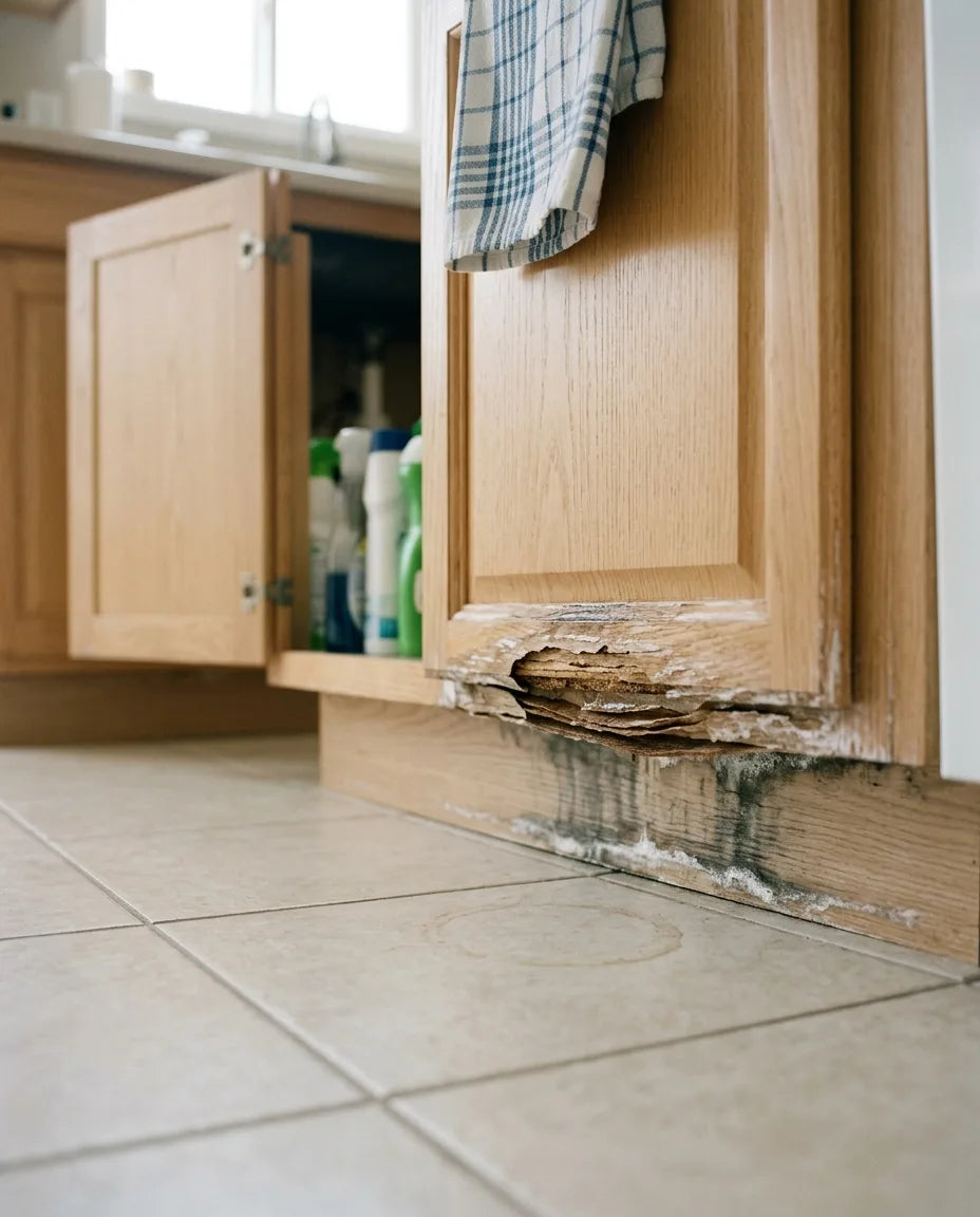 Swollen, delaminating bottom rail on a refaced sink base cabinet with water staining at the toe kick