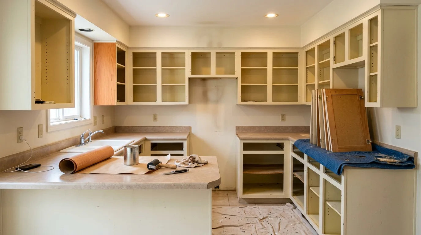 A kitchen partway through a reface, with the cabinet boxes and countertop still in place, every door removed, and a roll of veneer and contact cement on the counter