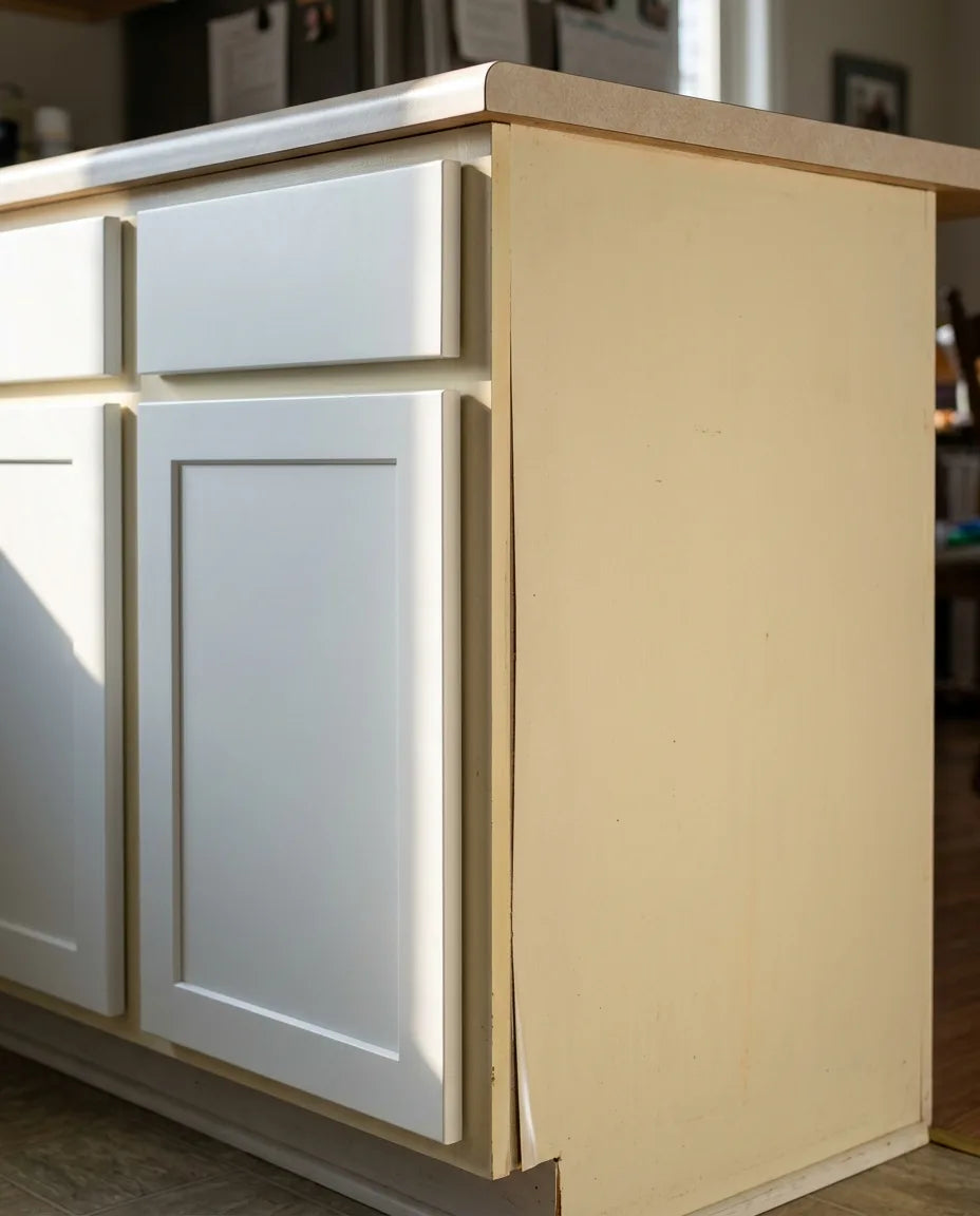 Cool white refaced cabinet doors against yellowed cream face frames showing an obvious finish mismatch