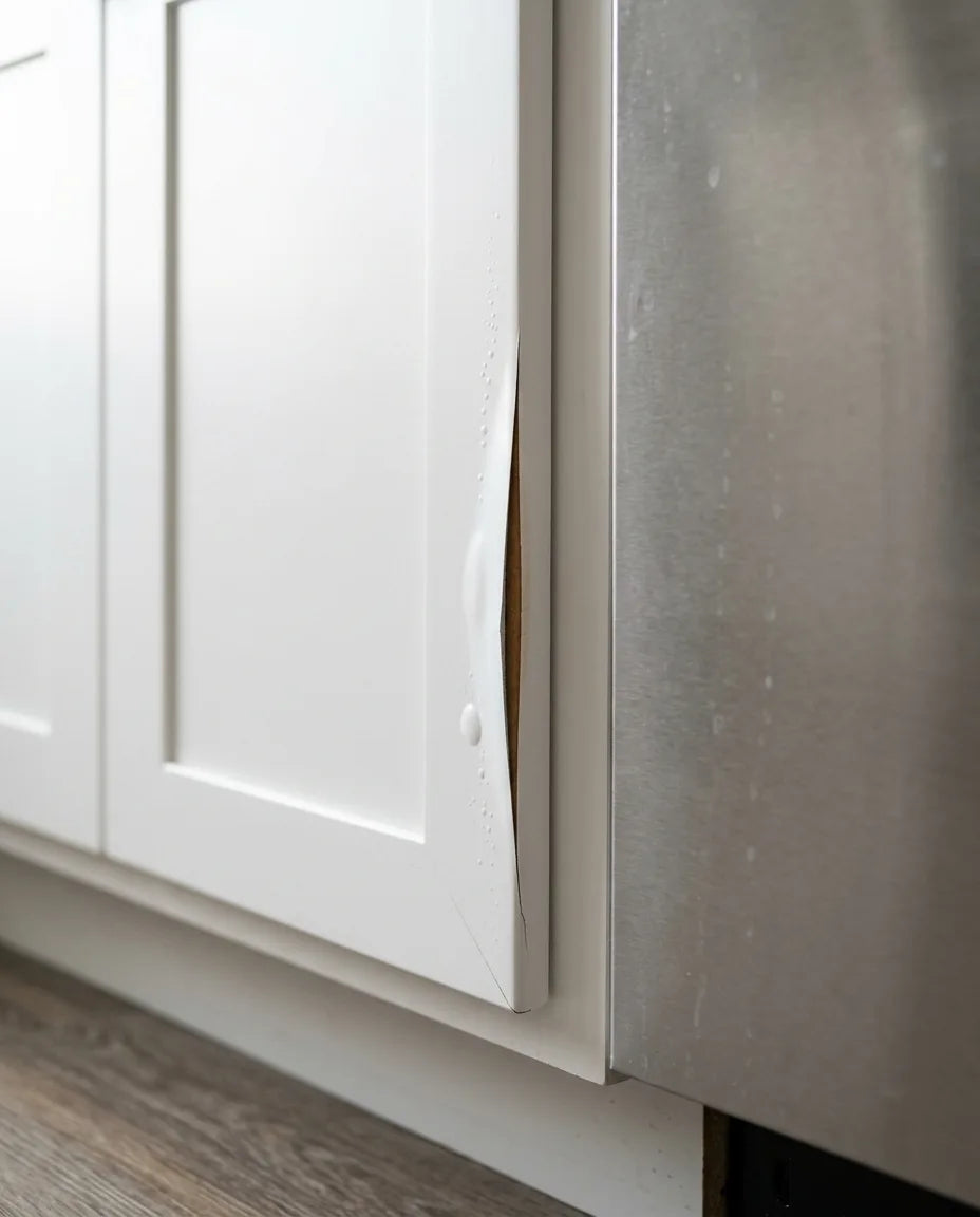 White thermofoil skin lifting off the MDF core of a refaced cabinet door next to a stainless dishwasher