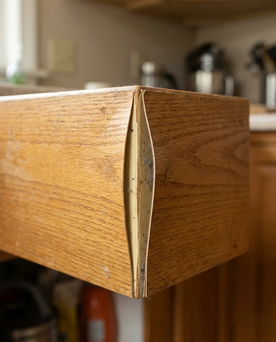 Wood veneer curling away from a refaced cabinet face frame corner, exposing the old painted oak and a dried glue line