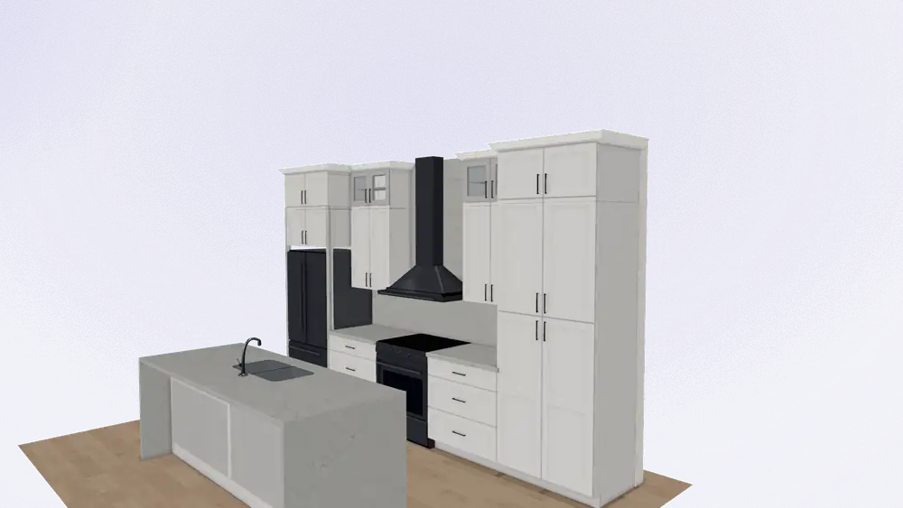 A white kitchen with bevelled cabinet doors, a glass-front upper cabinet band, a black range hood and refrigerator, and a marbled waterfall island, designed in the STL Cabinetry 3D designer